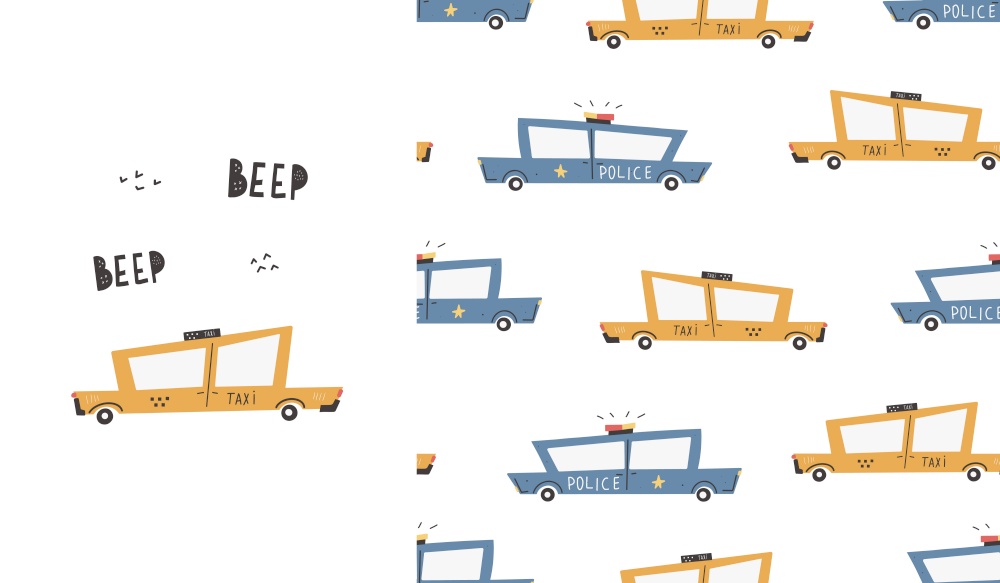 Cute pattern with cars. Taxi. Transport. Police. Vector hand-drawn color seamless repeating children simple pattern with cars and lettering, in Scandinavian style on a white background.. Cute pattern with cars. Taxi. Transport. Police. Vector hand-drawn color seamless digital print