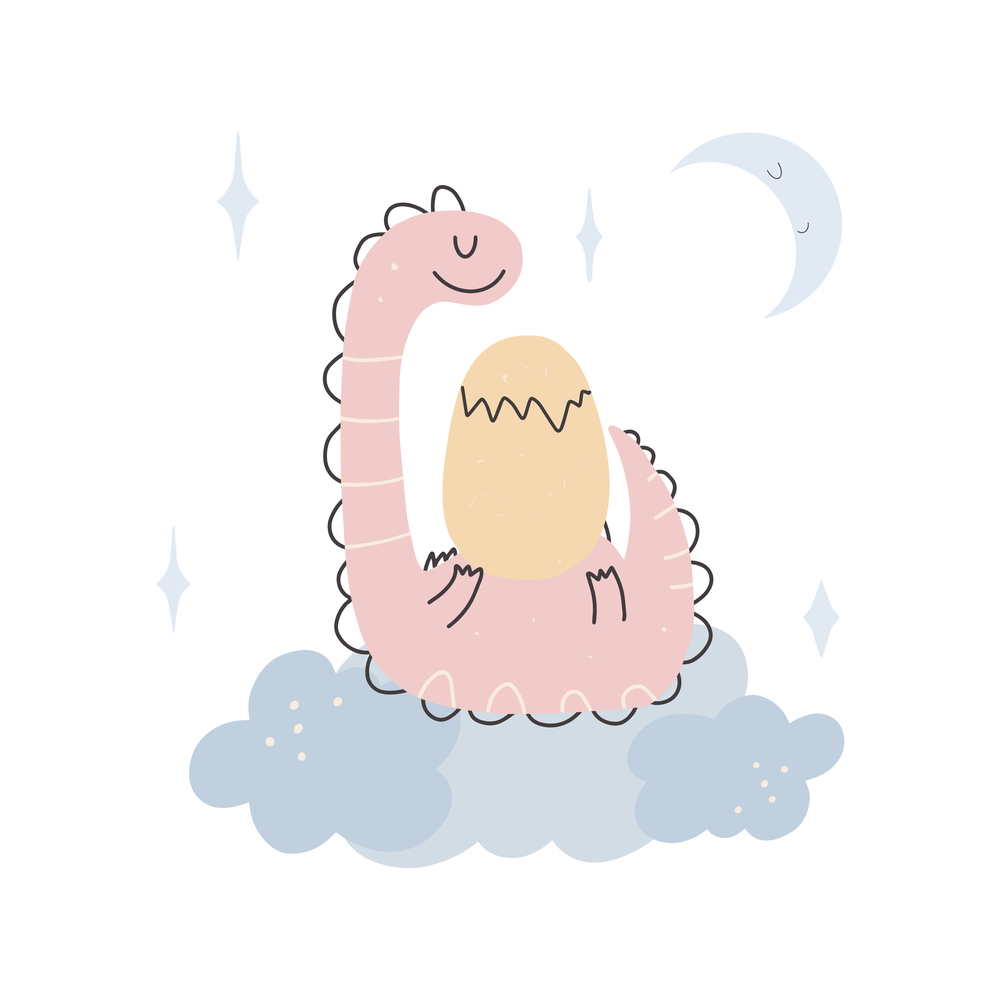 Cute sleeping pink dinosaur in the clouds. Happy simple childish hand-drawn cartoon doodle scandinavian style. Vector illustration. Isolate on a white background. Pastel palette. Cute sleeping pink dinosaur in the clouds. Happy simple childish hand-drawn cartoon doodle scandinavian style. Vector illustration.
