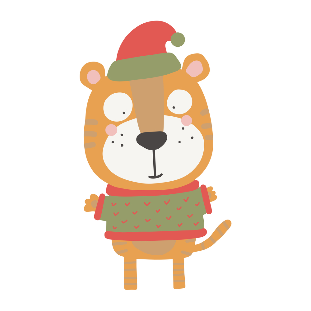 Tiger, Christmas cat. Cute animal in a hat and sweater. Children&rsquo;s print for the nursery in the Scandinavian style. Ideal for children&rsquo;s posters, postcards, clothing. Cartoon vector illustration. Tiger, Christmas cat. Cute animal in a hat and sweater. Children&rsquo;s print for the nursery in the Scandinavian style.