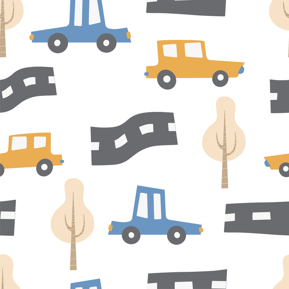 Children&rsquo;s pattern with cars. Cars. Transport. Road. Vector hand-drawn color seamless repeating children simple pattern with cars, in Scandinavian style road on a white background.. Children&rsquo;s pattern with cars. Cars. Transport. Road. Vector hand-drawn color seamless digital print
