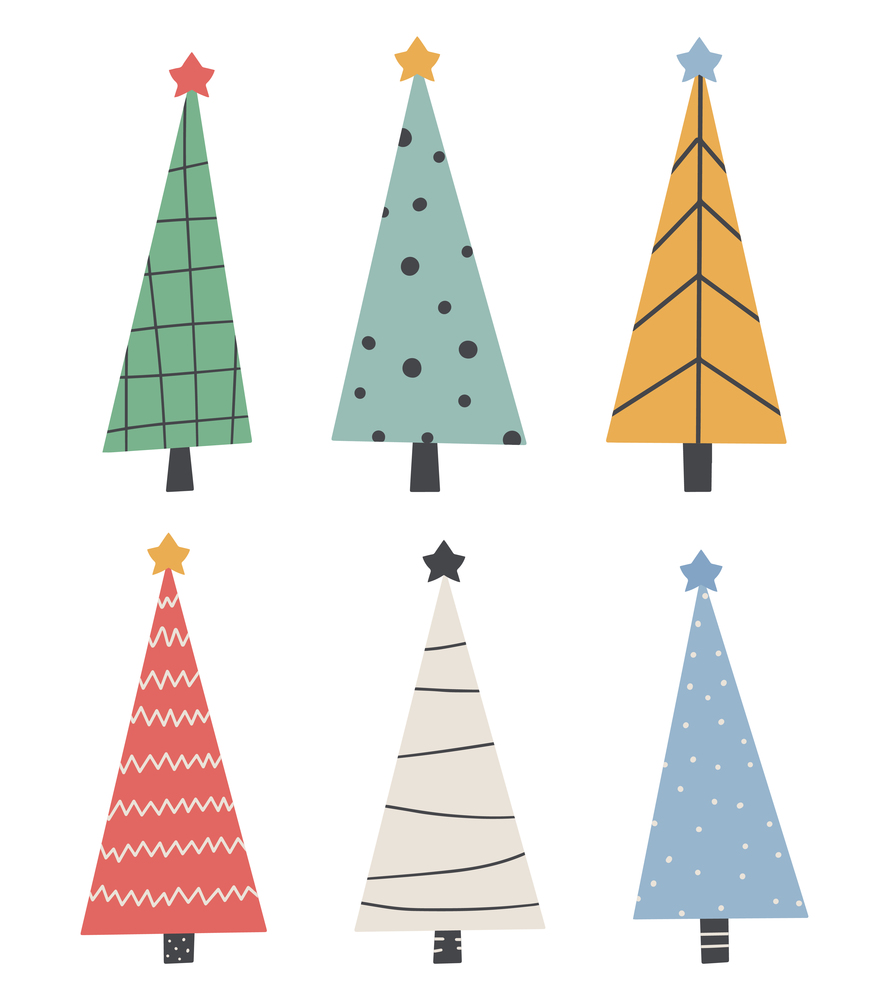 Cute Christmas trees set - hand drawn childish design New Year, Christmas, holidays Vector illustration. Cute Christmas trees set - hand drawn childish design.
