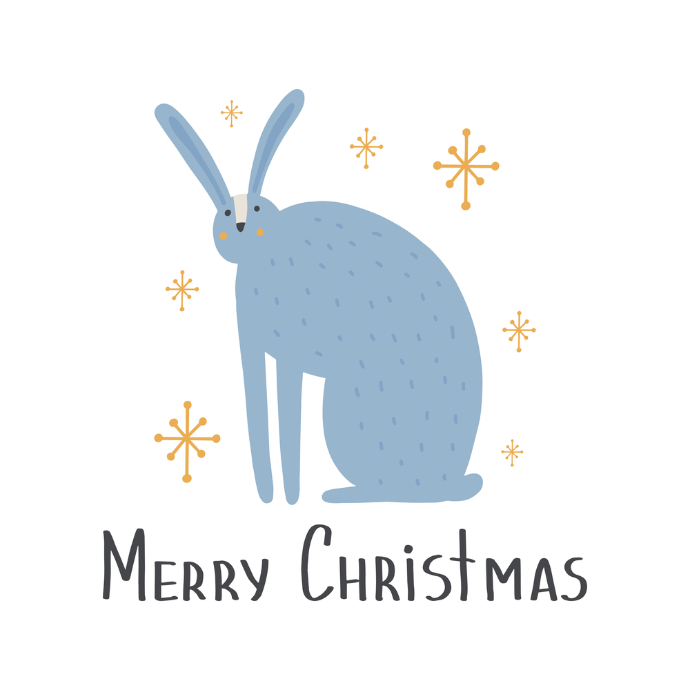 Cute animal hare in scandinavian style with lettering - merry christmas. Vector hand-drawn colored children&rsquo;s simple. Cartoon animal.. Cute animal hare in scandinavian style with lettering - merry christmas. Cartoon animal.