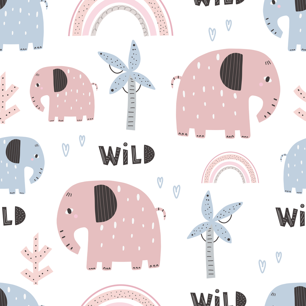 Cute elephant pattern - hand drawn childish seamless pattern design. Vector illustration Digital paper. Cute elephant pattern - hand drawn childish seamless pattern design. Digital paper