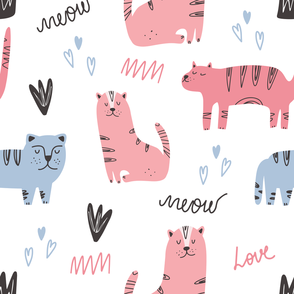 Cute cats pattern - hand drawn childish kitten seamless pattern design Digital paper. Cute cat pattern - hand drawn childish kitten seamless pattern design