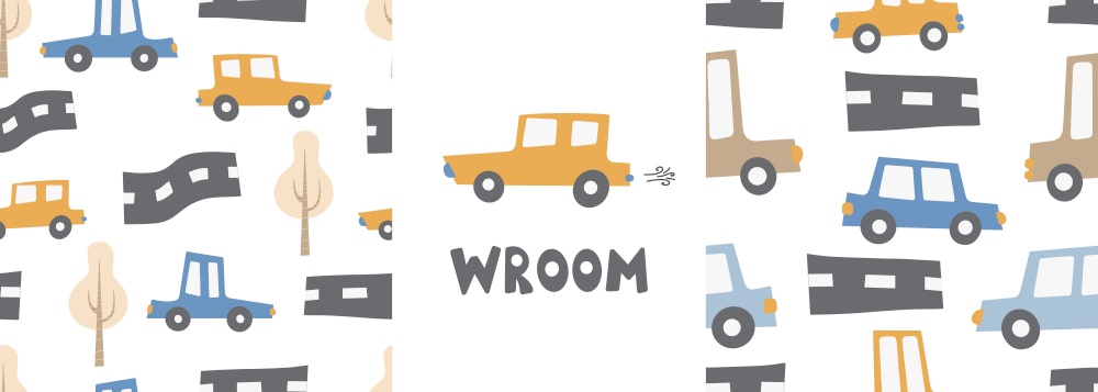 Children&rsquo;s patterns set with cars. Cars. Transport. Road. Vector hand-drawn color seamless repeating children simple pattern with cars and lettering, in Scandinavian style road on a white background.. Children&rsquo;s patterns set with cars. Cars. Transport. Road. Vector hand-drawn color seamless digital print