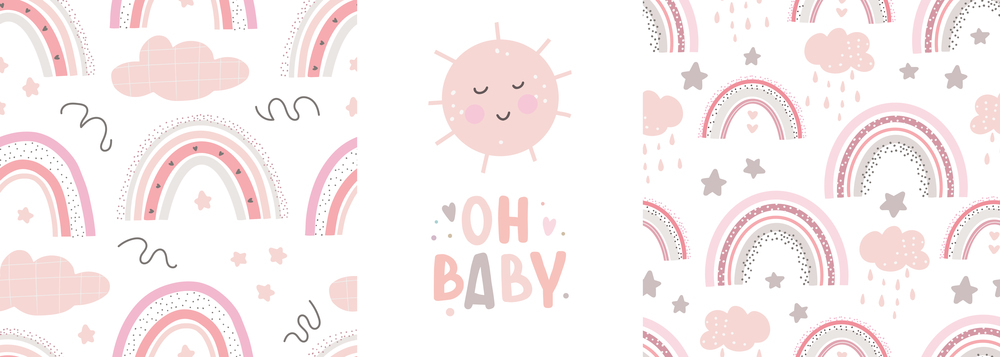 Rainbow cute patterns and lettering - oh baby . Creative childish print for fabric, wrapping, textile, wallpaper, apparel.Vector cartoon illustration in pastel colors. Rainbow cute patterns and lettering - oh baby
