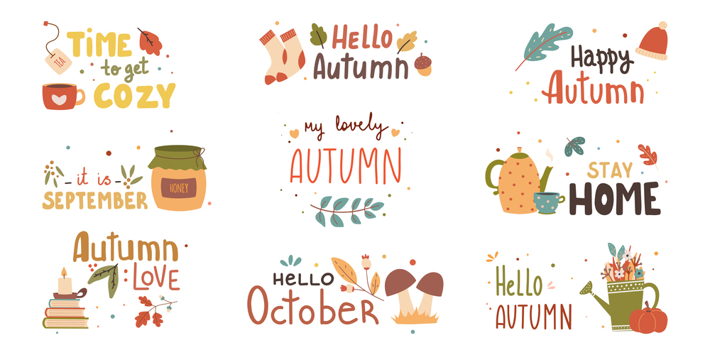 Autumn phrases with cute and cozy design elements decorative bundle. Fall inscription collection isolated. Vector illustration. Autumn phrases with cute and cozy design elements decorative bundle. Fall inscription collection isolated