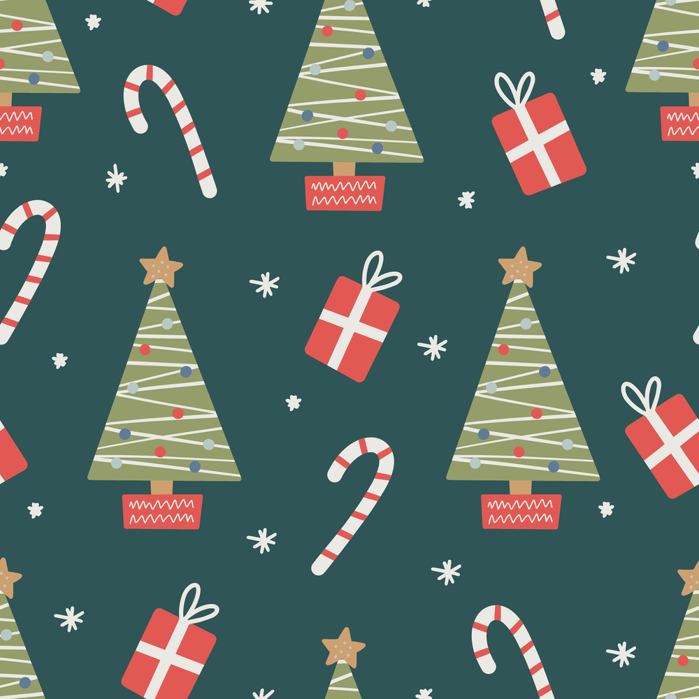 Seamless Christmas pattern with tree, candy and gifts.Christmas ornament with red and green color, vector illustration. Seamless Christmas pattern with tree, candy and gifts