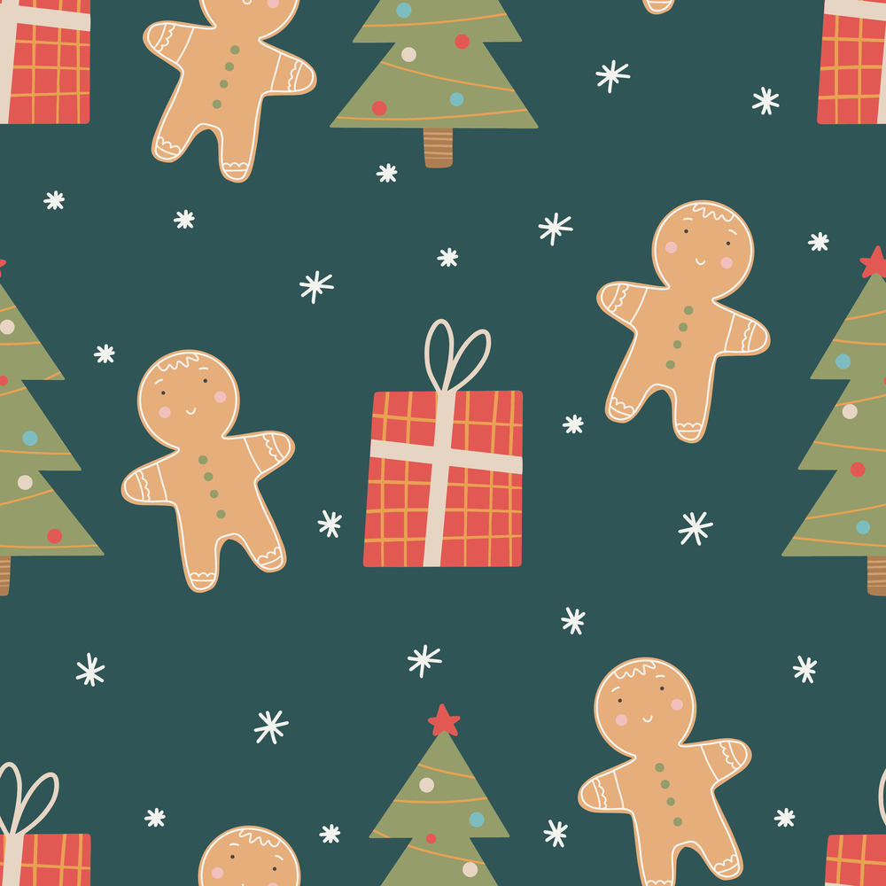 Seamless Christmas pattern with Christmas tree, gingerbread man and gifts. Christmas ornament with red and green color, vector illustration. Seamless Christmas pattern with Christmas tree, gingerbread man and gifts.