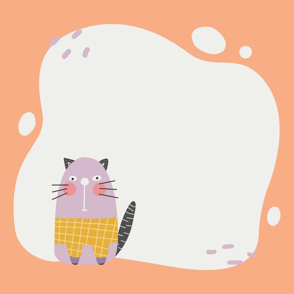 Cute cat with a blot frame in simple cartoon hand-drawn style. Template for your text or photo. Ideal for cards, invitations, party, kindergarten, preschool and children. Cute cat with a blot frame in simple cartoon hand-drawn style.