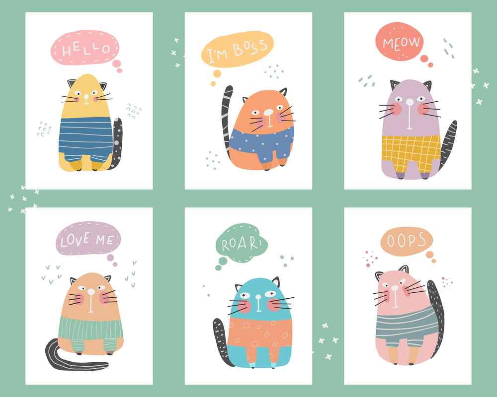 Cute collection of an cats with lettering Childish print for nursery Ideal for baby posters cards clothes Vector cartoon illustration in pastel colors. Cute collection of an cats with lettering Childish print Vector cartoon illustration in pastel colors