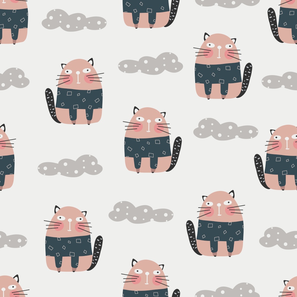 Cute cats pattern - hand drawn childish kitten seamless pattern design. Cute cat pattern - hand drawn childish kitten seamless pattern design