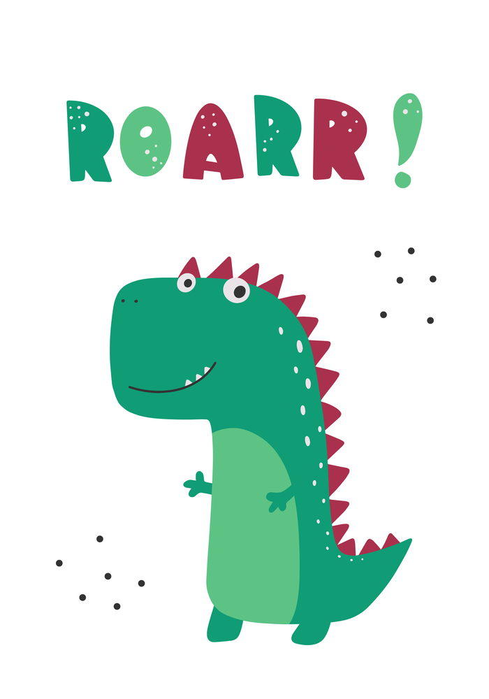 Roar slogan graphic with funny dinosaur cartoons. Vector graphics for t-shirt prints and other uses. Roar dinosaur. Vector funny lettering quote with dino icon, scandinavian hand drawn illustration for greeting card, t shirt, print, stickers, posters design.. Roar slogan graphic with funny dinosaur cartoons.