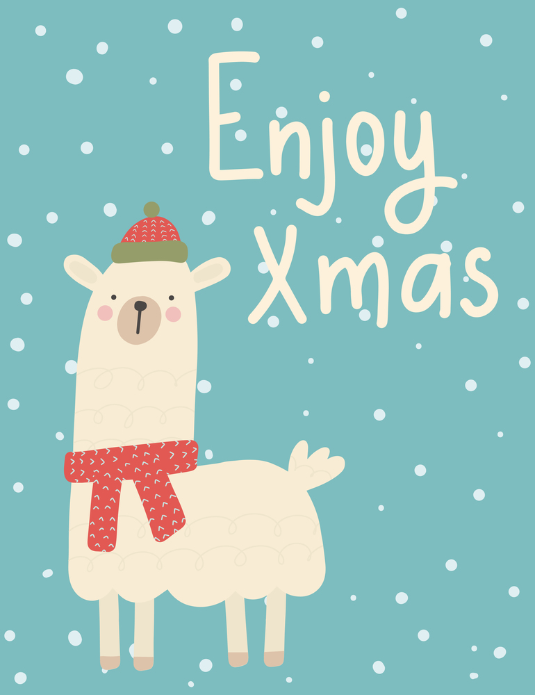 Christmas greeting card. Cute winter holidays postcard. Cartoon llama with wishes.Hand draw style vector illustration. Christmas greeting card. Cute winter holidays postcard. Cartoon llama with wishes.