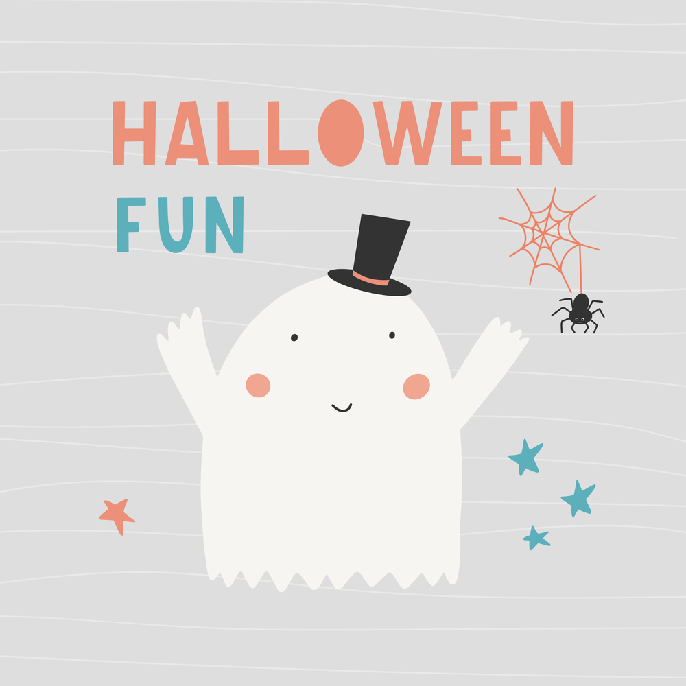 Halloween lettering - Halloween fun - with a cute ghost. Vector childish hand-drawn illustration in simple cartoon style on grey background.. Halloween lettering - Halloween fun - with a cute ghost.
