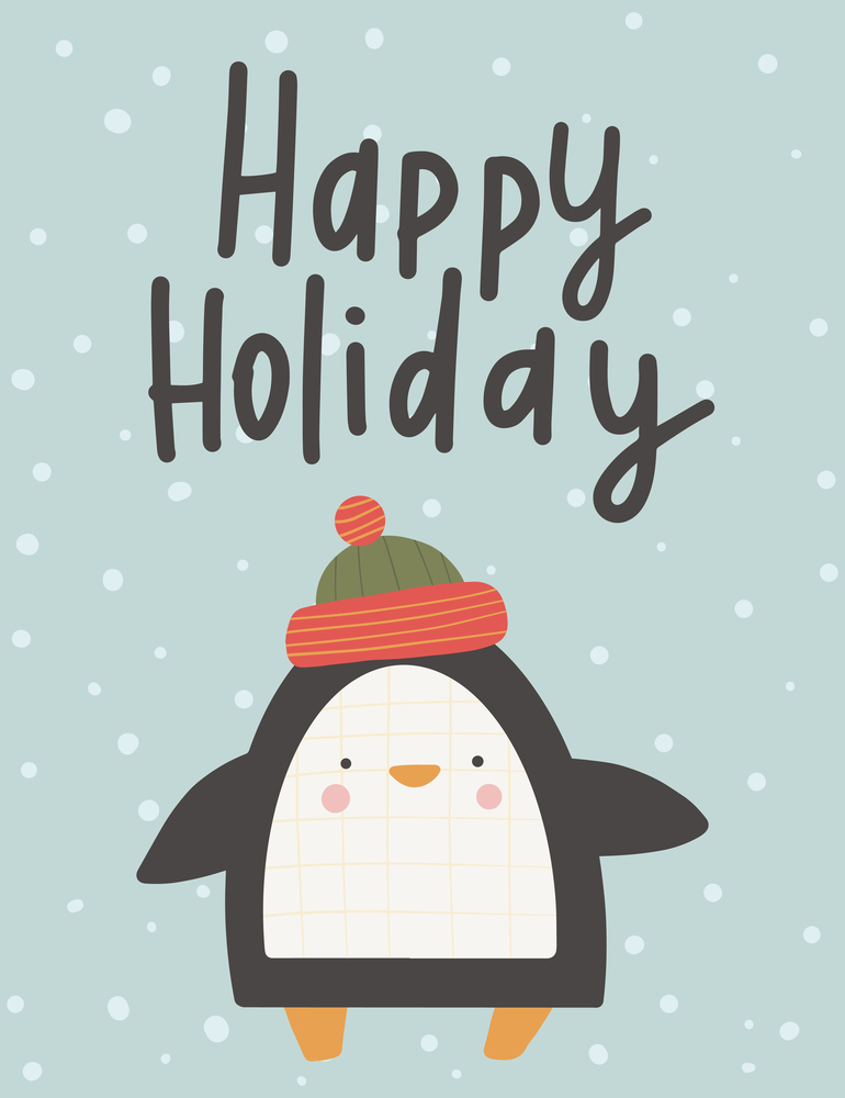 Christmas greeting card. Cute winter holidays postcard. Cartoon penguin with wishes.Hand draw style vector illustration. Christmas greeting card. Cute winter holidays postcard. Cartoon penguin with wishes.