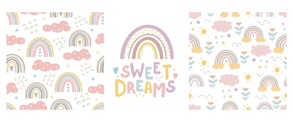 Rainbow cute patterns and lettering - sweet dreams . Creative childish print for fabric, wrapping, textile, wallpaper, apparel.Vector cartoon illustration in pastel colors. Rainbow cute patterns and lettering - sweet dreams