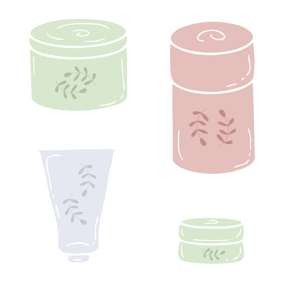 Doodle collection of self care cosmetic jars decorated with branches with leaves. Hand drawn vector illustration for decor and design.