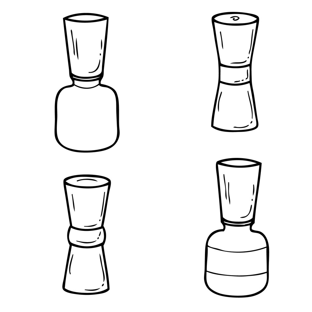 Doodle set of empty self care cosmetic bottles and vials of lipstick. Hand drawn vector illustration for decor and design.