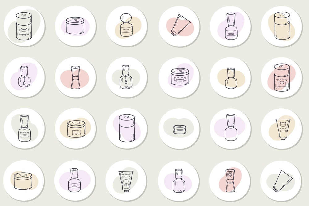 Self care story highlight icons set of cosmetic jars. Hand drawn vector elements for decor and design.