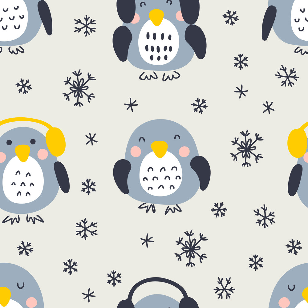 Hand drawn winter penguins with snowflakes seamless pattern. Perfect for T-shirt, textile and prints. Doodle style vector illustration for decor and design.