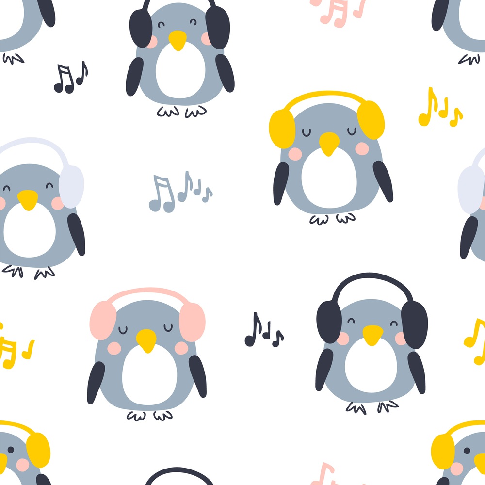 Cartoon style musical penguins seamless pattern. Perfect for T-shirt, textile and prints. Hand drawn vector illustration for decor and design.
