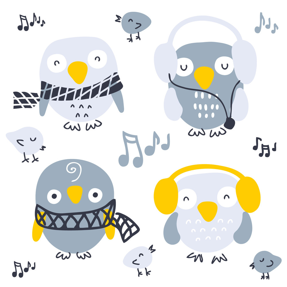 Hand drawn musical owls vector collection. Perfect for poster, textile and prints. Cartoon style illustration for decor and design.