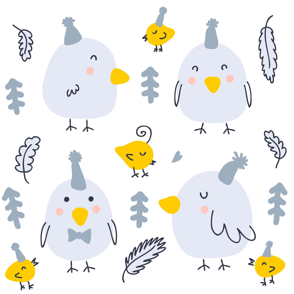 Hand drawn birds in funny hats  winter collection.  Perfect for poster, textile and prints. Cartoon style vector illustration for decor and design.