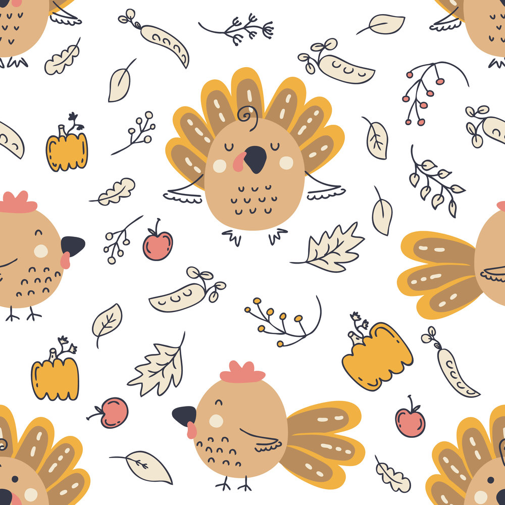 Thanksgiving seamless pattern with turkeys, roosters, pumpkins and autumn leaves. Perfect for T-shirt, postcard, textile and print. Hand drawn vector illustration for decor and design.