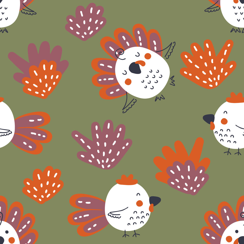 Hand drawn seamless pattern with turkeys and roosters.