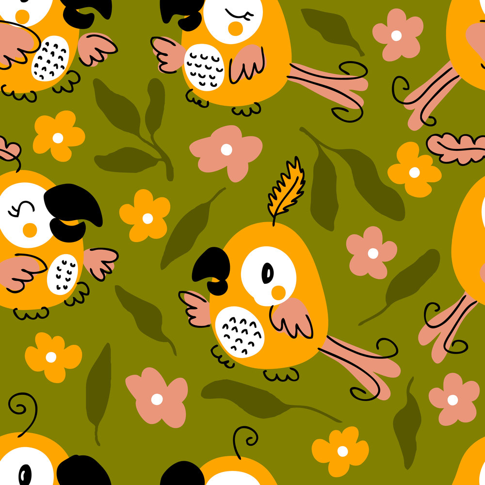 Hand drawn  seamless pattern with tropical parrots, flowers and leaves. Perfect for T-shirt, textile and print. Doodle vector illustration for decor and design.