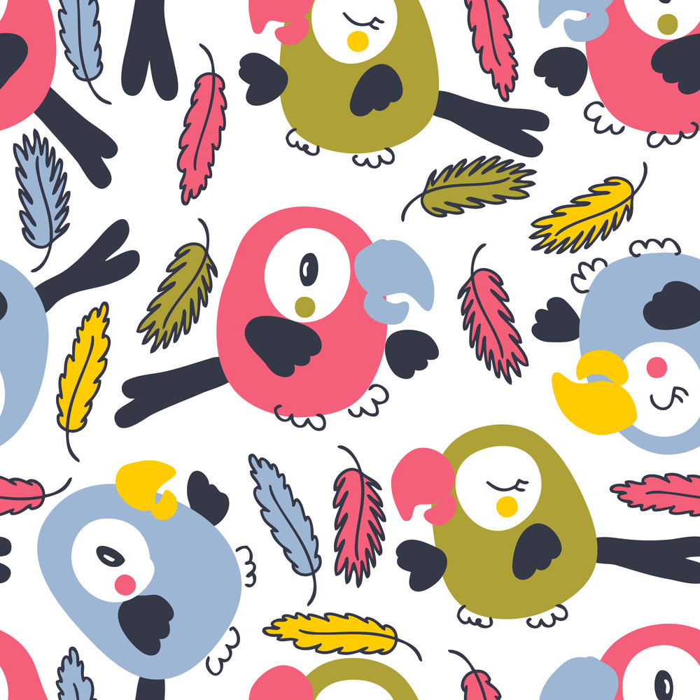 Hand drawn  seamless pattern with parrots and feathers. Perfect for T-shirt, textile and print. Doodle vector illustration for decor and design.