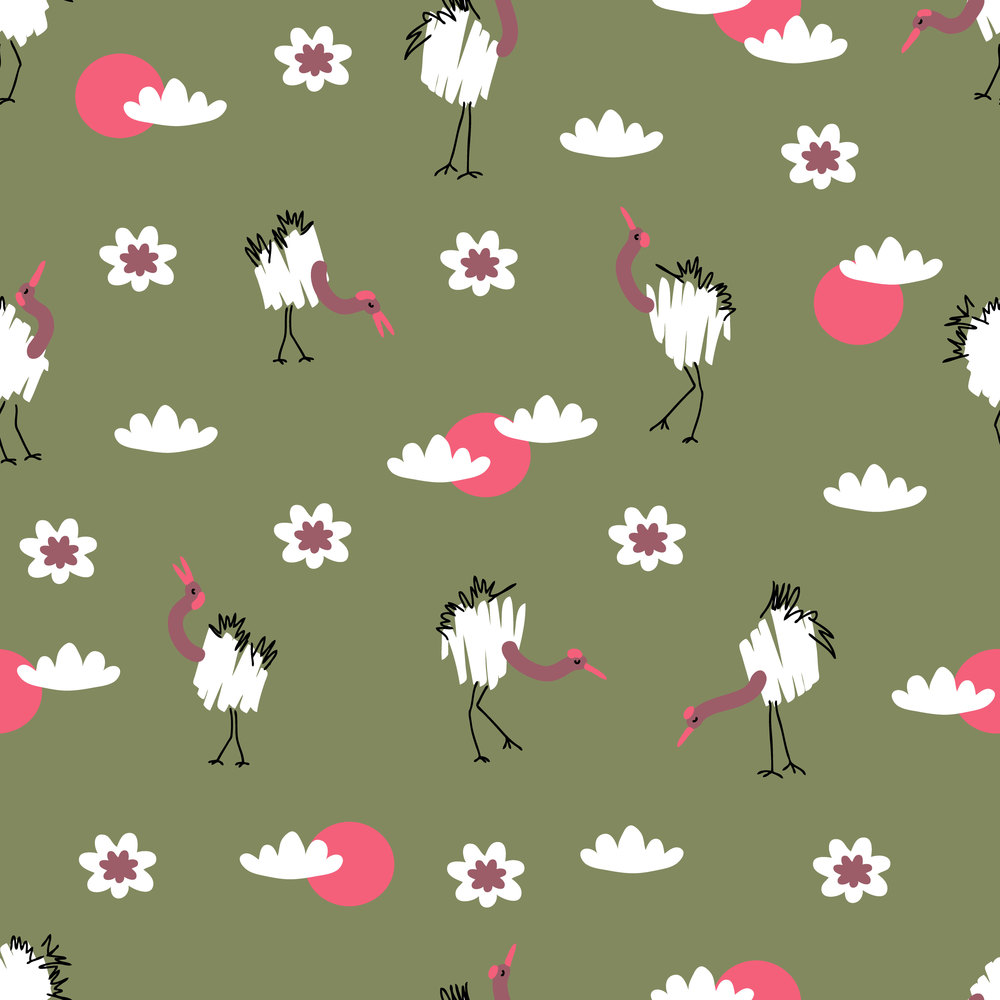 Doodle seamless pattern with cranes and lotus flowers. Perfect for T-shirt, textile and print. Hand drawn vector illustration for decor and design.