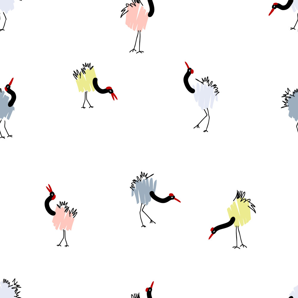 Doodle seamless pattern with red crowned cranes. Perfect for T-shirt, textile and print. Hand drawn vector illustration for decor and design.