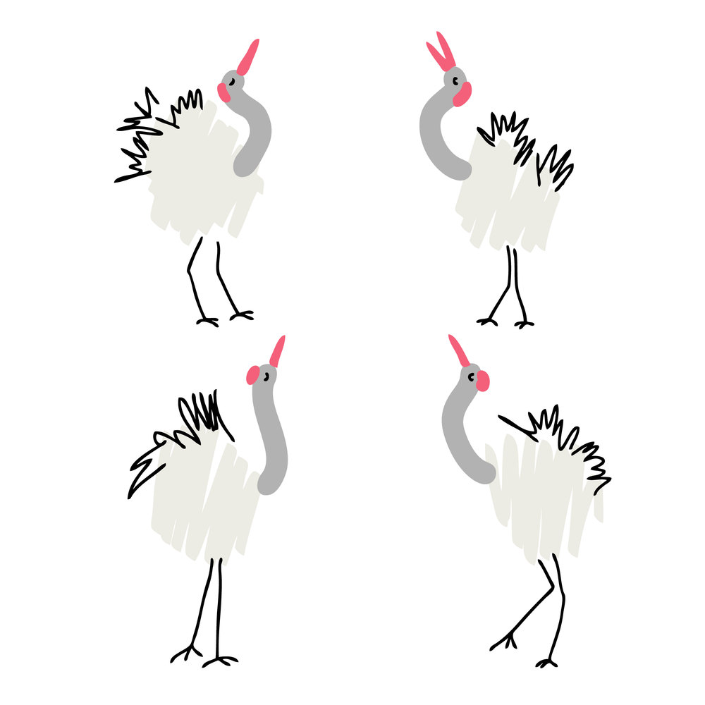 Doodle red crowned cranes collection. Perfect for T-shirt, poster, stickers and print. Hand drawn vector illustration for decor and design.