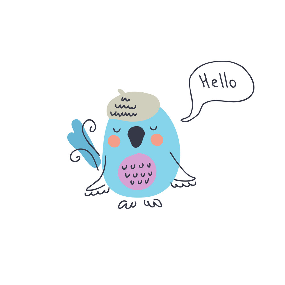 Cute blue bird say hello vector illustration. Hand drawn lilac breasted roller. Perfect for T-shirt, sticker, textile and print.