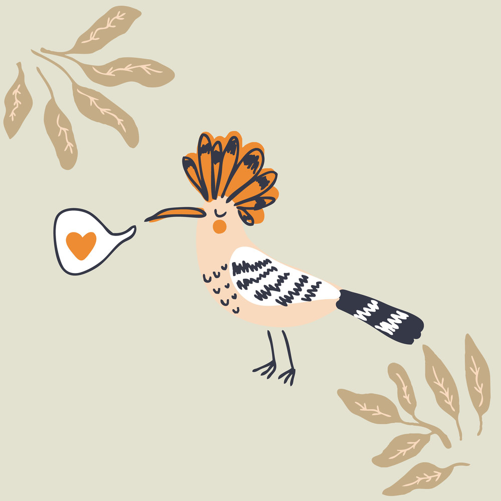 Hand drawn hoopoe bird with spring leaves. Perfect for T-shirt, poster, textile and print. Doodle vector illustration for decor and design.