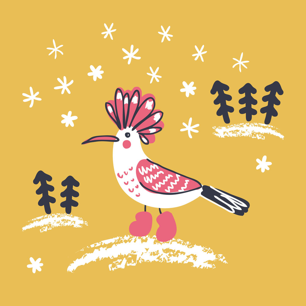 Winter hoopoe bird with with Christmas trees and snowflakes. Perfect for T-shirt, poster, textile and print. Hand drawn vector illustration for decor and design.