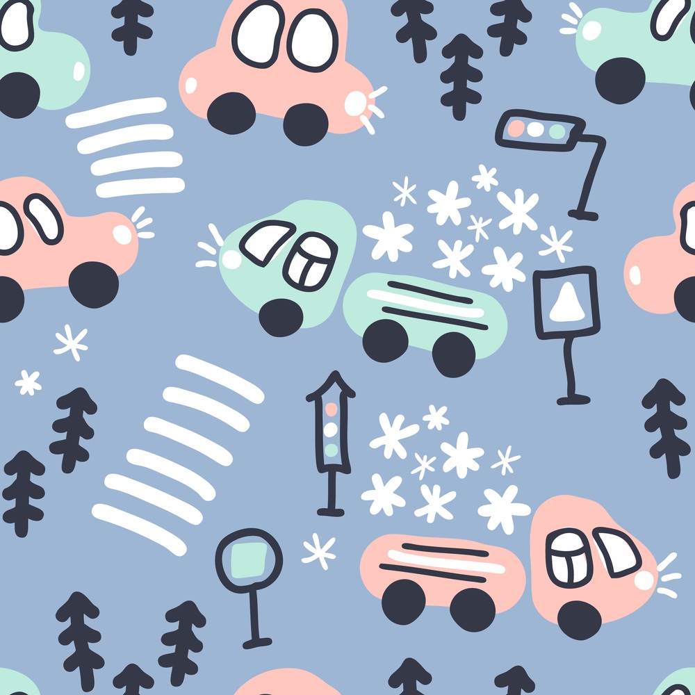 Winter seamless pattern of trucks carrying snow. Perfect for T-shirt, textile and prints. Hand drawn vector illustration for decor and design.