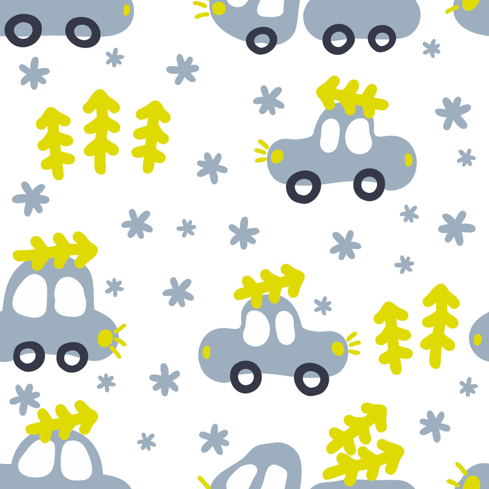 Seamless winter pattern of cars carrying Christmas trees. Perfect for scrapbooking, poster, textile and prints. Hand drawn vector illustration for decor and design.