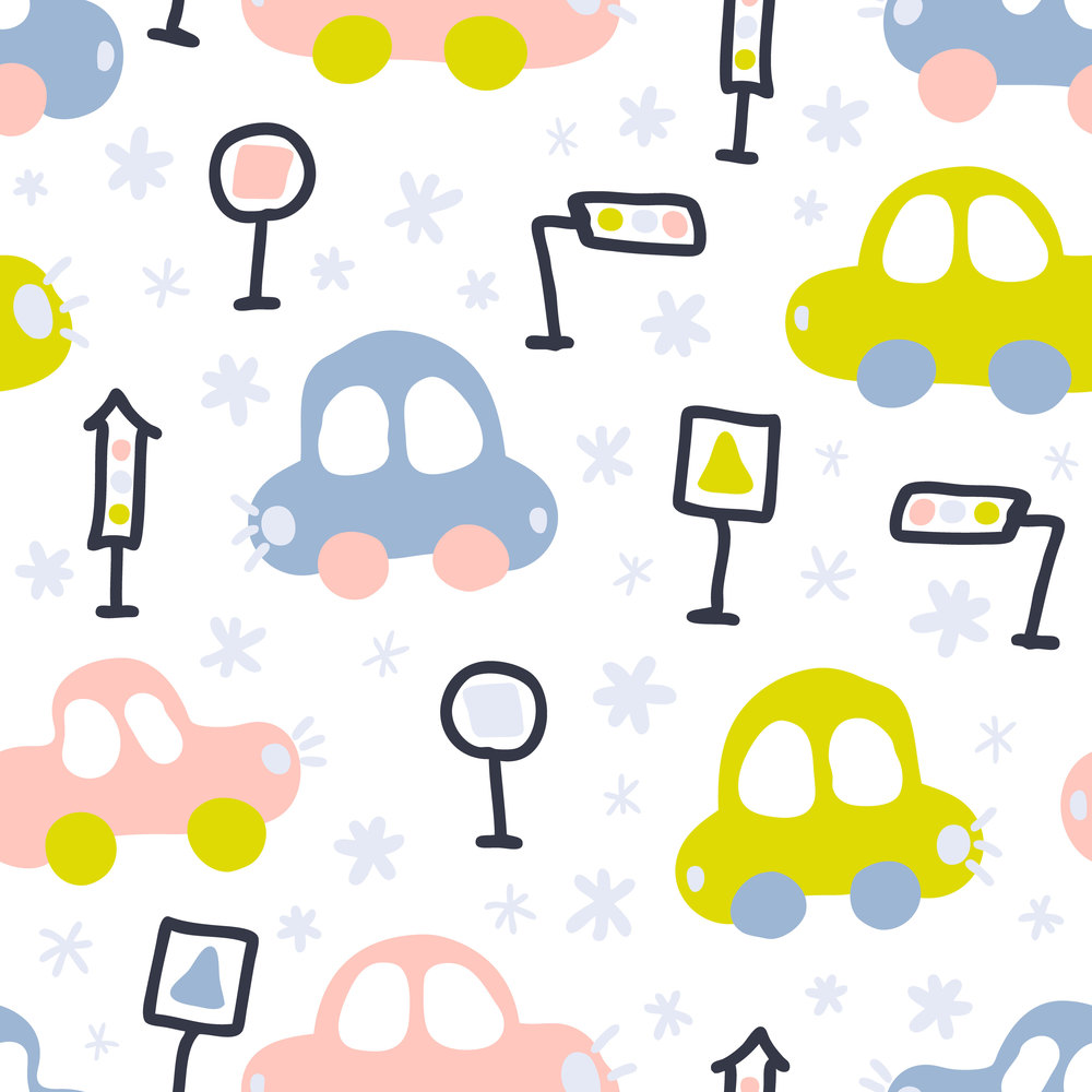 Hand drawn winter seamless pattern of cars in snowfall. Perfect for T-shirt, textile and prints. Cartoon style vector illustration for decor and design.