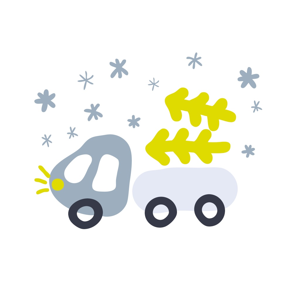 Doodle illustration of truck carrying Christmas trees in snowfall. Perfect for T-shirt, textile, prints, decor and design.
