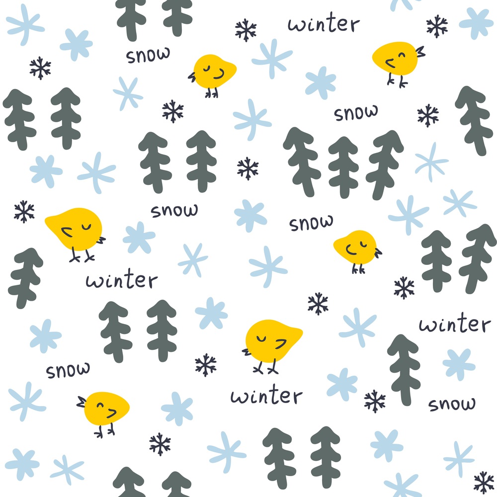 Doodle winter seamless pattern with birds, Christmas trees and snowflakes. Perfect for T-shirt, textile and prints. Hand drawn vector illustration for decor and design.
