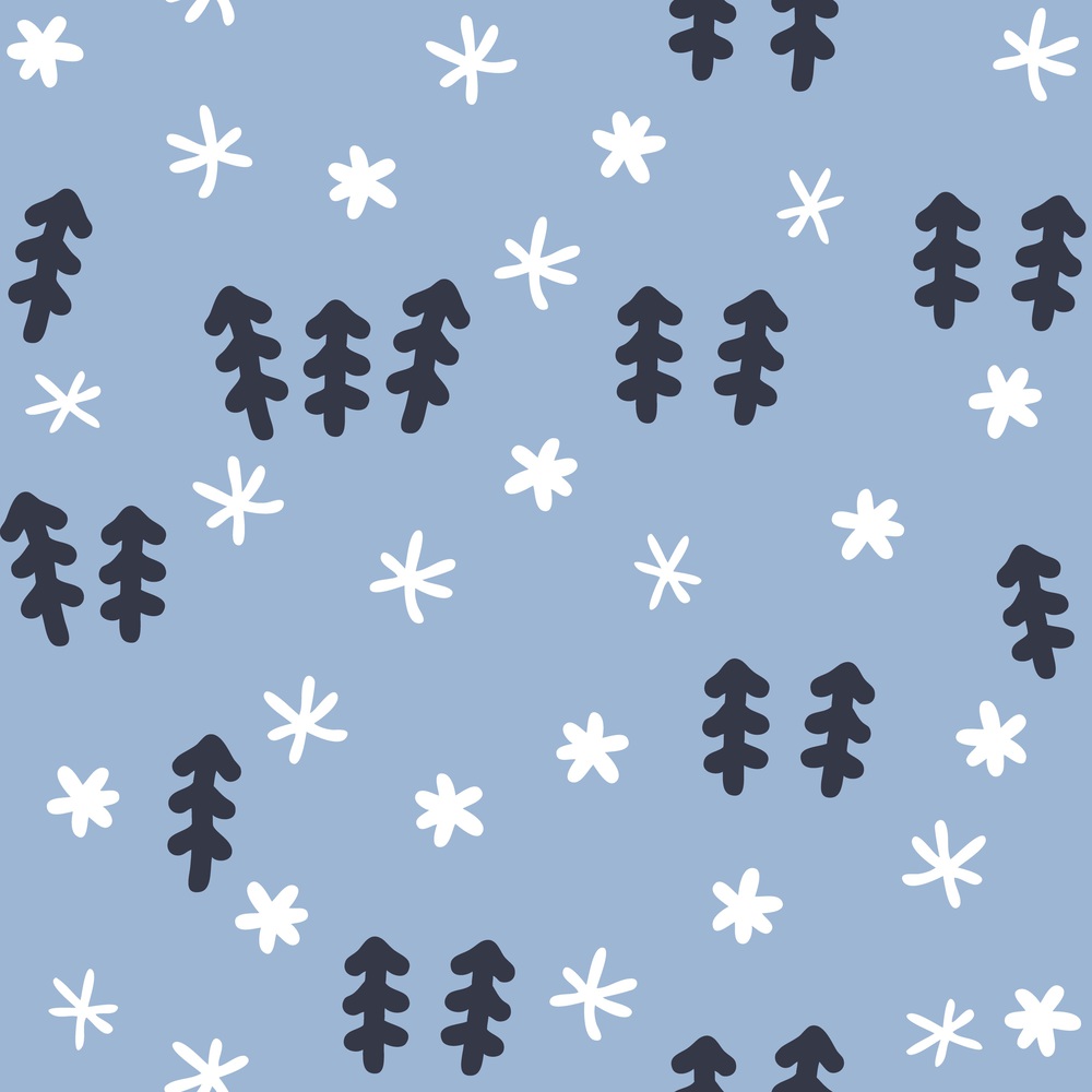 Doodle winter seamless pattern with Christmas trees and snowflakes. Perfect for T-shirt, textile and prints. Hand drawn vector illustration for decor and design.