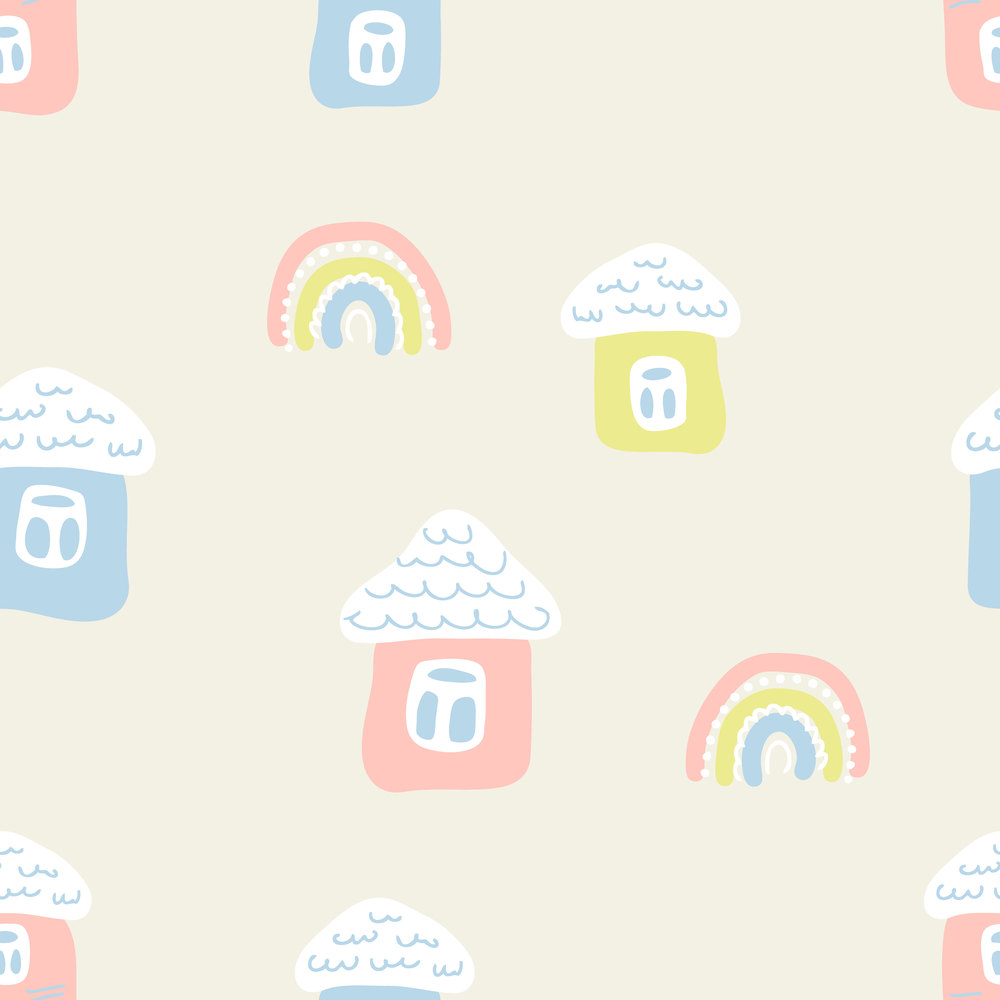 Cartoon style spring seamless pattern with houses and rainbows. Perfect for T-shirt, textile and prints. Hand drawn vector illustration for decor and design.