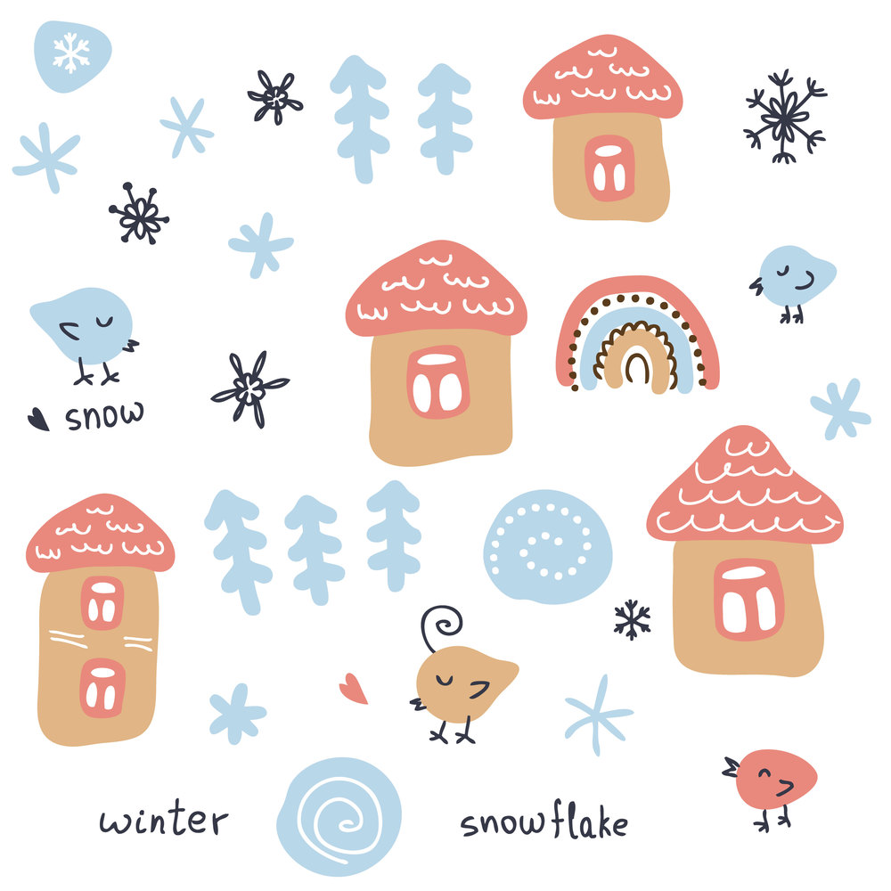 Doodle winter collection of houses, Christmas trees, birds and snowflakes. Perfect for poster, greeting card and prints. Hand drawn vector illustration for decor and design.