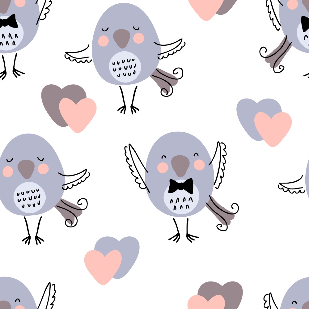 Hand drawn seamless romantic pattern with birds and hearts. Perfect for T-shirt, textile and print. Doodle vector illustration for decor and design.