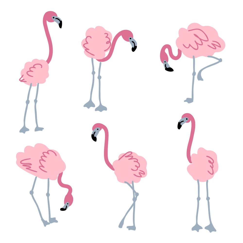 Doodle pink flamingo collection. Perfect for T-shirt, poster, stickers and print. Hand drawn vector illustration for decor and design.
