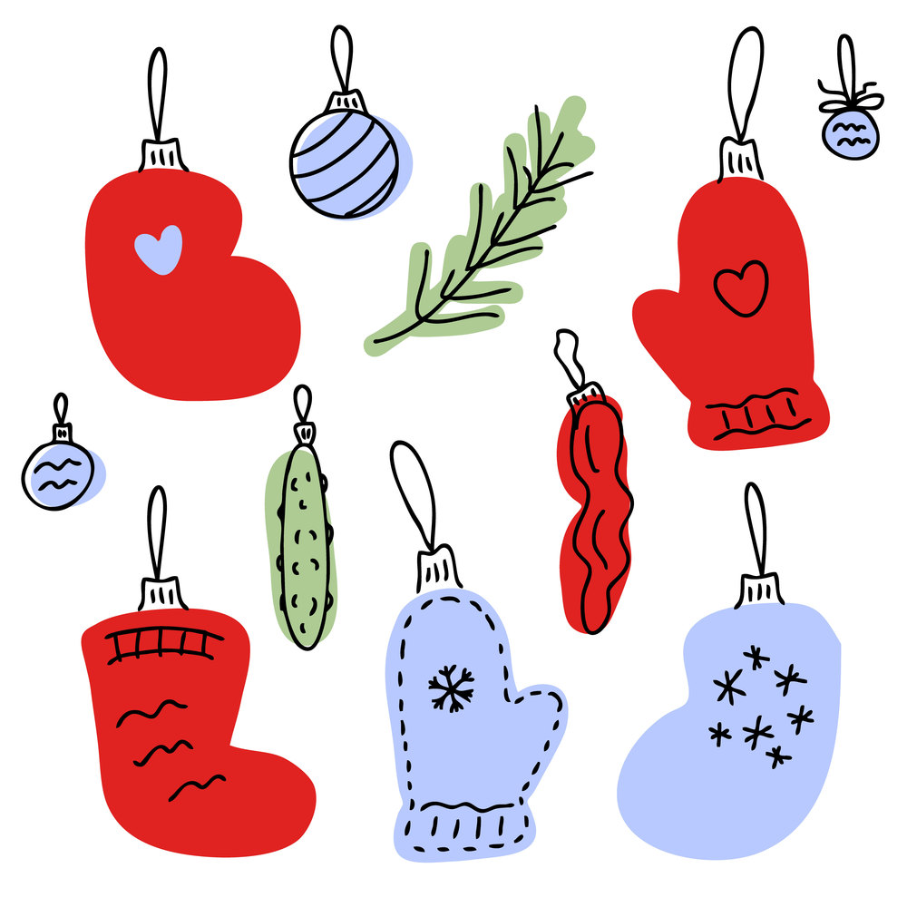 Hand drawn christmas socks and mittens collection. Perfect for greeting card, party invitation and print. Doodle vector illustration for decor and design.