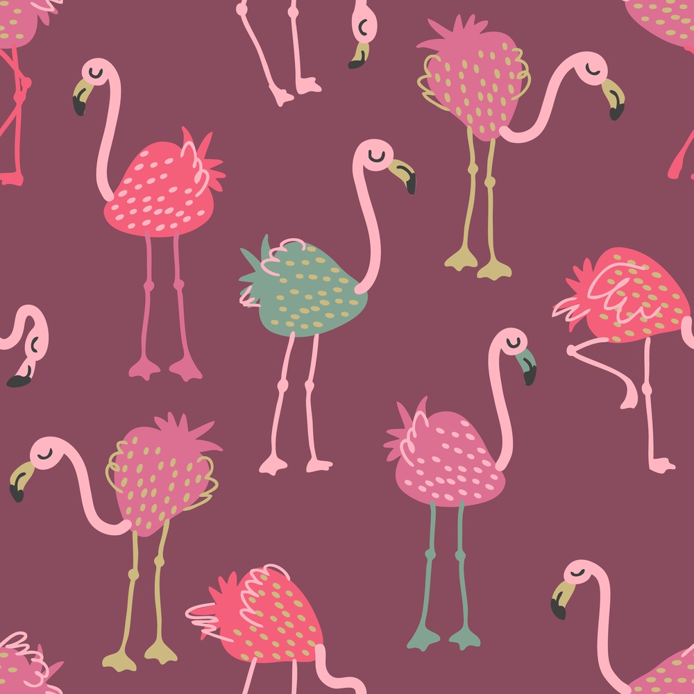 Hand drawn strawberry flamingo seamless pattern. Perfect for T-shirt, textile and print. Doodle vector illustration for decor and design.